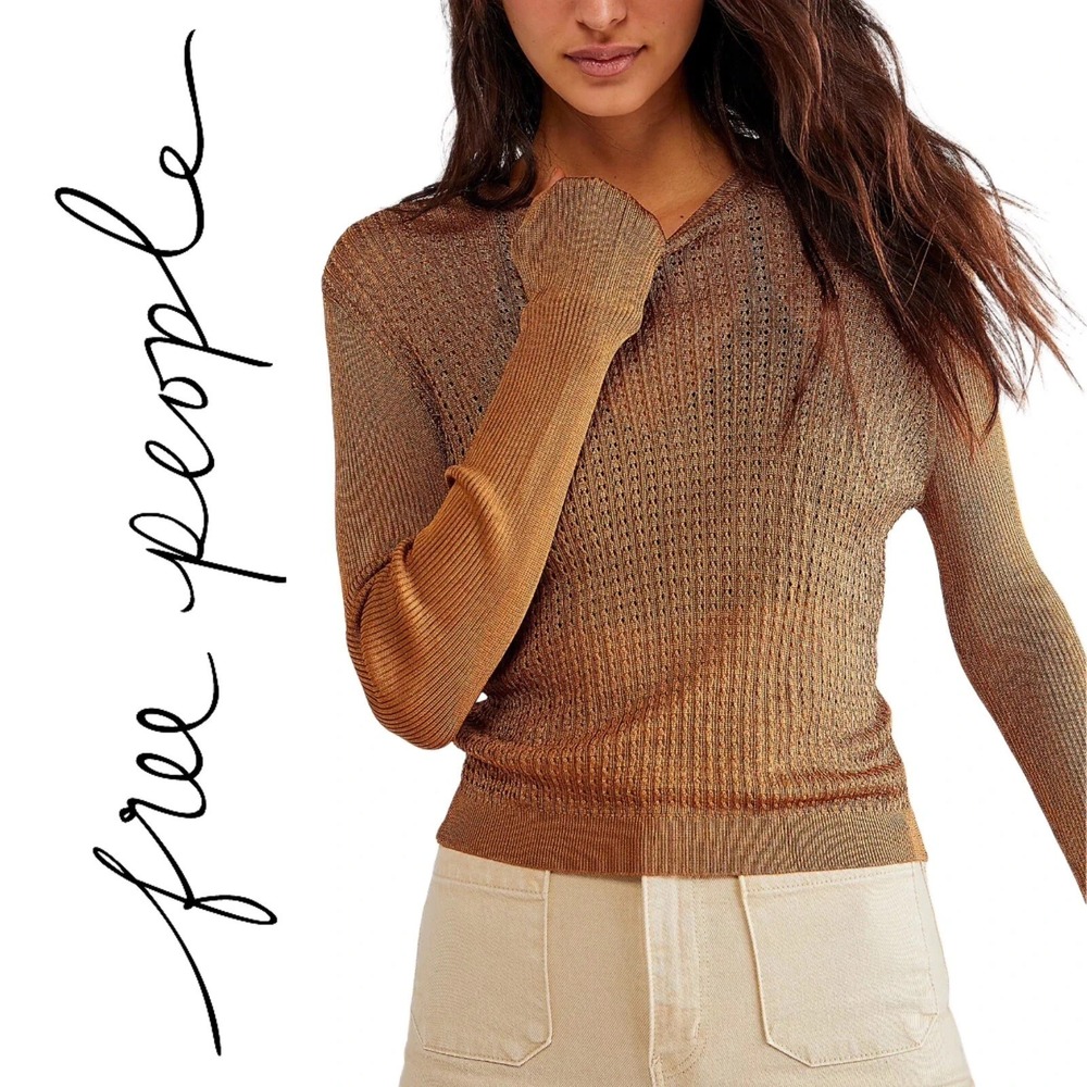 Free People® (MEDIUM) H2O Crew Sheer Open Knit Mesh Top in Tiger Eye - $98
